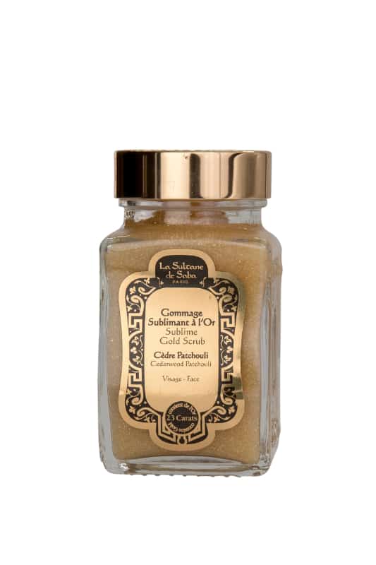 23 carat gold <br> cedarwood & patchouli fragrance<br>sublime gold face scrub 100ml